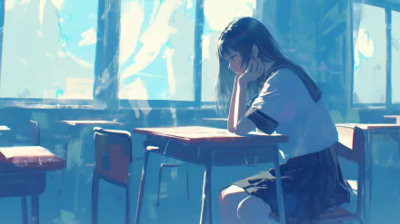 A sad anime girl sits alone at a desk in a bright, empty classroom, lost in thought. The serene blue tones create an emotional atmosphere, making it a captivating HD wallpaper.