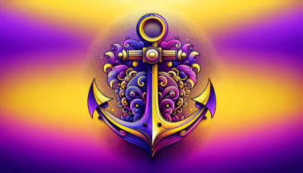 Stylized anchor with intricate designs on a vibrant purple and yellow gradient background, HD desktop wallpaper.