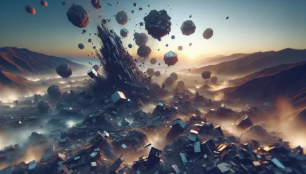 HD desktop wallpaper of a dramatic earthquake scene with buildings crumbling and debris suspended in the air, set against a backdrop of mountains and a dusk sky.