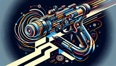 HD desktop wallpaper featuring a stylized illustration of a futuristic laser gun with vibrant colors and intricate patterns.