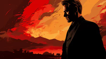 HD desktop wallpaper featuring a stylized illustration of a James Bond-like character in silhouette against a dramatic red and orange sky.