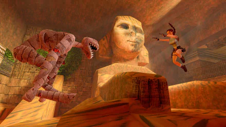 HD Wallpaper of Tomb Raider I-III Remastered featuring the iconic character leaping in action against a mystical creature in an ancient Egyptian setting.