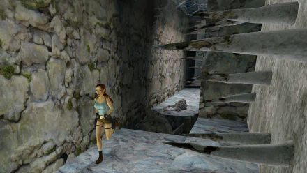 HD wallpaper of Tomb Raider I–III Remastered featuring the iconic protagonist exploring ancient ruins with stone staircases and cobwebs.