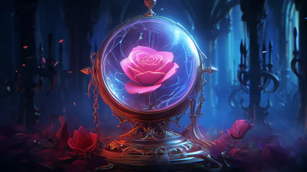 An enchanted rose enclosed in a mystical glass dome, surrounded by scattered petals, set against a dreamy, fantasy-inspired background. A captivating HD wallpaper for your desktop.