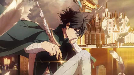 HD wallpaper from The Kingdoms of Ruin anime featuring a brooding character with a feathered arrow, set against a fantastical cityscape background.