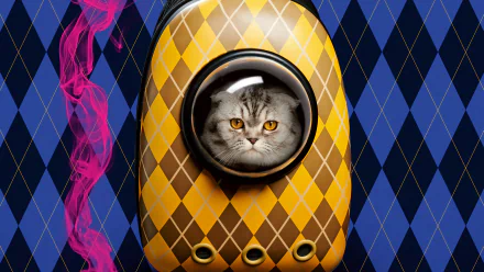 HD wallpaper featuring a whimsical cartoon minion with a cat's face framed in the goggles, set against a blue and yellow diamond-patterned background with pink smoke, inspired by the movie 'Lisa Frankenstein.'