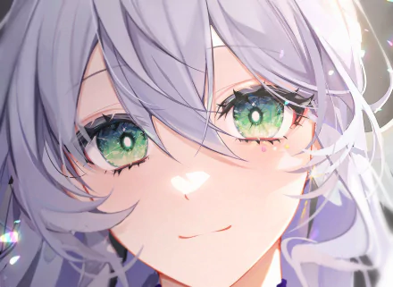 Close-up HD PC desktop wallpaper of Robin from Honkai: Star Rail, featuring vivid green eyes and silver hair with soft lighting effects.