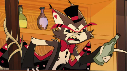 Husk from the animated TV show Hazbin Hotel appears in this HD wallpaper, showcasing his distinctive style while holding a bottle, set against a vibrant bar backdrop.