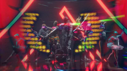 HD desktop wallpaper featuring characters from the video game The Finals, set against a dynamic red and neon backdrop.
