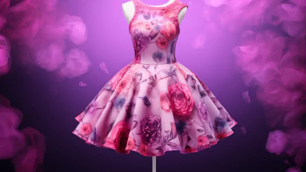 Elegant floral dress on a mannequin with a vibrant pink background, perfect as a high-definition desktop wallpaper or background.