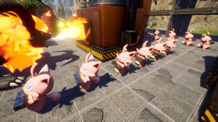 HD wallpaper of Palworld video game featuring cute creatures in a fiery industrial setting.