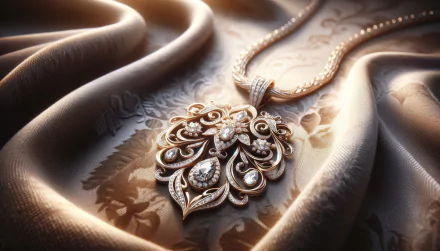 Elegant HD wallpaper of a close-up intricate gold necklace with diamonds on a luxurious satin fabric.