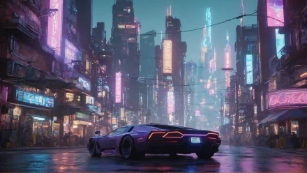 Cyberpunk cityscape with neon-lit skyscrapers and a sleek car on rain-slick streets, rendered in vibrant AI art for a 4K Ultra HD PC desktop wallpaper.