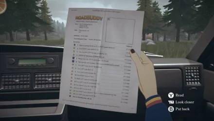 HD desktop wallpaper featuring an Open Roads video game still, with a first-person view of a character holding a 'ROADBUDDY' list inside a car, with a forest scene outside the vehicle.