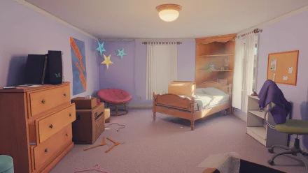 HD desktop wallpaper featuring a cozy bedroom scene from the video game Open Roads with purple walls, a tidy bed, and a computer desk.