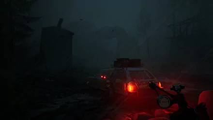 HD wallpaper of a scene from the video game Pacific Drive featuring a car with headlights on, driving through a foggy, mysterious forest landscape at night.