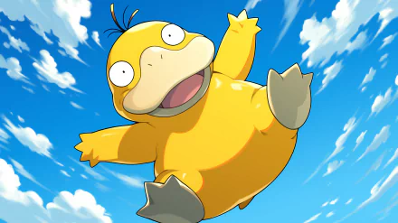 HD wallpaper of Psyduck, a Pokémon character, in a dynamic pose against a blue sky with clouds.
