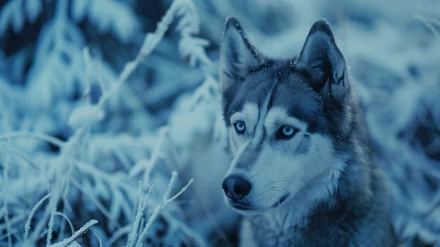 A striking HD desktop wallpaper featuring a husky dog with piercing blue eyes, set against a frosty, snow-covered background.
