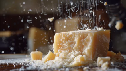 A close-up shot of Parmesan cheese being grated, with flakes flying around, captured in high definition. This image makes a delicious wallpaper for food enthusiasts.