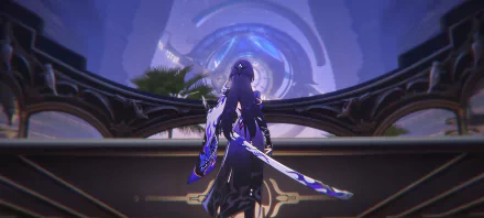 HD desktop wallpaper featuring the character Acheron from the video game Honkai: Star Rail, set against a futuristic backdrop with neon accents.