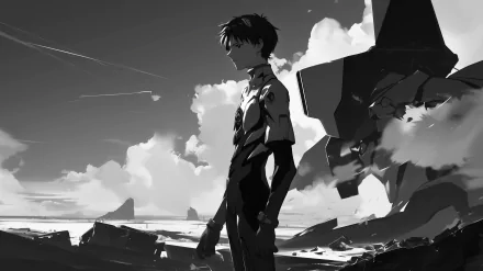 HD desktop wallpaper featuring Shinji Ikari from Neon Genesis Evangelion in a monochrome manga-style illustration with a dramatic backdrop of clouds and abstract forms.