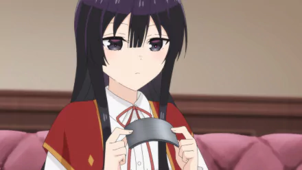 Anime Villainess Level 99 character with dark hair and red uniform, holding a mask, featured in an HD desktop wallpaper.