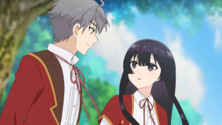 Anime characters in a forest backdrop, male and female from 'Villainess Level 99' series, HD desktop wallpaper.