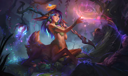 HD wallpaper featuring Lillia from League of Legends, set in an enchanted forest scene for desktop background.