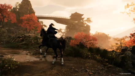 HD wallpaper of Rise of the Rōnin video game featuring a samurai on horseback against a backdrop of autumn foliage and traditional Japanese architecture.