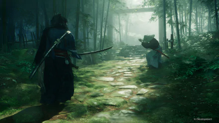 A serene HD wallpaper from the video game Rise of the Rōnin, featuring two characters walking along a misty, moss-covered path in a bamboo forest.