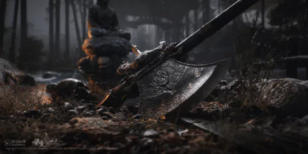 HD desktop wallpaper of Black Myth: Wukong video game featuring a detailed axe in a dark mystical forest background.