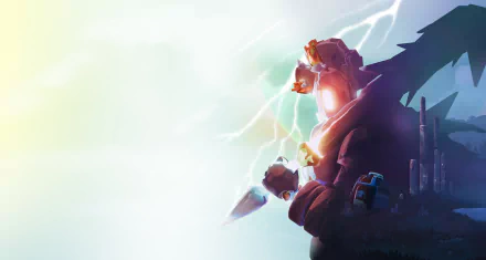 A striking HD wallpaper from the video game Risk of Rain 2, featuring a powerful character against a dramatic, lightning-filled background.