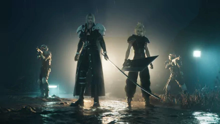 A stunning HD wallpaper from Final Fantasy VII Rebirth featuring iconic characters in a dramatic, shadowy setting, showcasing the game’s captivating art style and atmosphere.