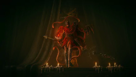 HD wallpaper featuring Messmer the Impaler from Elden Ring video game, displayed in a dark, eerie setting with lit candles.