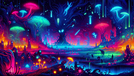 HD desktop wallpaper featuring a vibrant neon forest with fantastical trees and glowing flora in a dreamlike landscape.