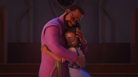 Emotional embrace scene from TV show Iwájú, available as a HD desktop wallpaper and background.