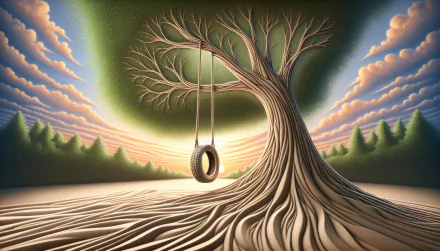 HD wallpaper of a tire swing hanging from a tree with stylized roots and a sunset sky background.