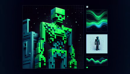 HD desktop wallpaper featuring a pixelated Zombie from Minecraft against a dark, grid-lined background with abstract designs.