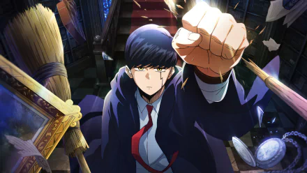 HD wallpaper featuring Mash Burnedead from the anime Mashle: Magic and Muscles, showcasing the character's clenched fist and determined expression in a magical library setting.