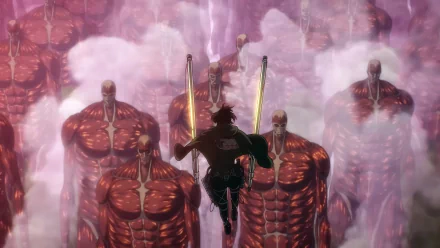 HD desktop wallpaper featuring the Colossal Titan from Attack on Titan anime with a character wielding swords in the foreground.