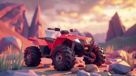 A vibrant HD desktop wallpaper featuring a striking red quad bike set against a rocky landscape and dramatic sunset, highlighting adventure and off-road excitement.