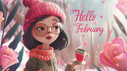 A charming illustration featuring a girl in a pink beanie and sweater, holding a steaming cup, surrounded by flowers, with the words Hello February artfully displayed. HD desktop wallpaper.