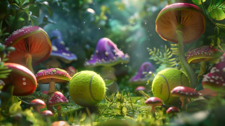A vibrant HD wallpaper featuring a whimsical scene of green tennis balls nestled among colorful mushrooms in a lush, enchanted forest setting.