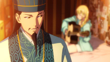 Anime characters Kongming Zhuge in the foreground and a musician in the background from 'Ya Boy Kongming!' as a high-definition desktop wallpaper.