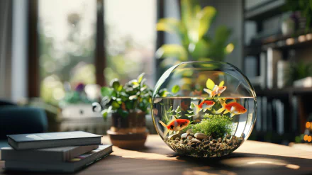 HD wallpaper of a fish bowl with goldfish on a desk, amidst plants with sunlight filtering through.