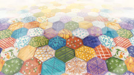 HD wallpaper featuring colorful quilt pattern from the video game Quilts and Cats of Calico.