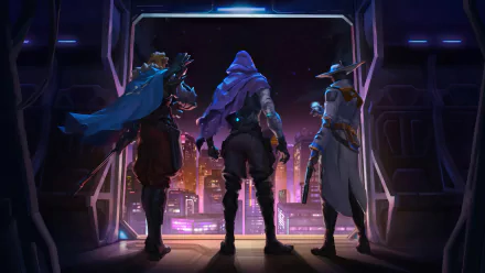 Valorant characters Sova, Omen, and Cypher standing heroically in a game scene as a high-definition desktop wallpaper and background.