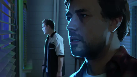 High-definition wallpaper featuring characters from 'As Dusk Falls' video game set against a dramatic and suspenseful backdrop.