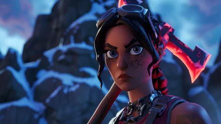 HD Fortnite Battle Royale wallpaper featuring a game character with a pickaxe on a mountainous background.