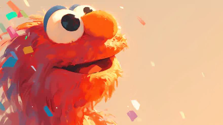 HD desktop wallpaper featuring a vibrant illustration of Elmo from Sesame Street with a colorful confetti background.